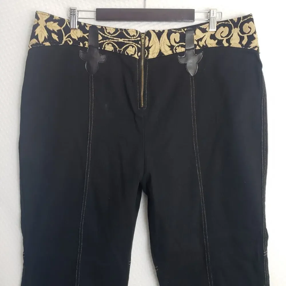 Womens Western Rodeo Bootcut Jeans Black w/ Gold Embroidery & Faux Leather Sz 22